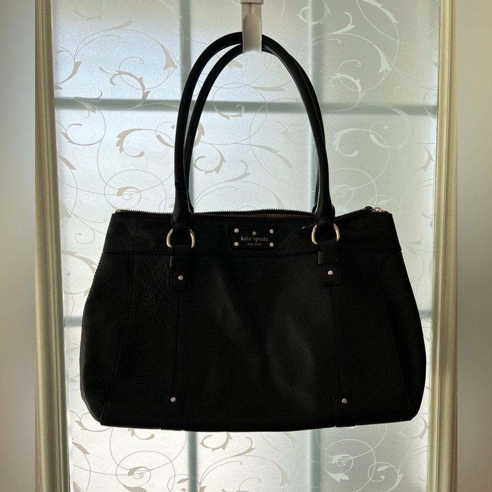 Kate Spade black leather Berkshire road zip tote gold hardware rolled straps.